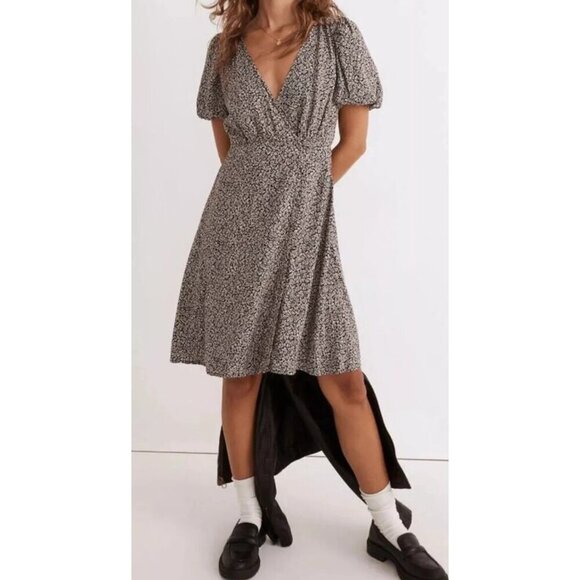 Madewell Women Black Puff Sleeve 0 Challis Tudor Wrap Mini Dress Floral New - Picture 1 of 12
